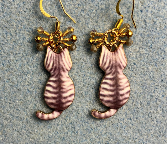 Brown and gray enamel tabby cat charm earrings adorned with tiny dangling gray, gold, and tan Chinese crystal beads.