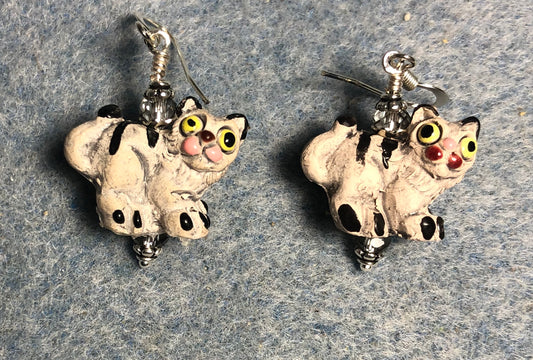 Small gray ceramic tabby cat bead earrings adorned with clear Chinese crystal beads.