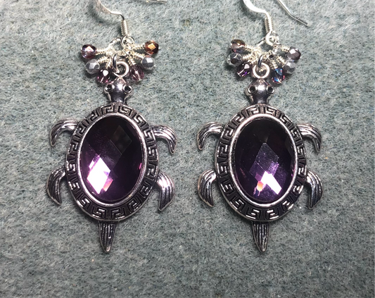 Large silver and lavender rhinestone turtle charm earrings adorned with small dangling lavender and silver Czech glass beads.