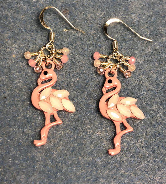 Pink and white acrylic and rhinestone flamingo charm earrings adorned with tiny dangling light pink Chinese crystal beads.