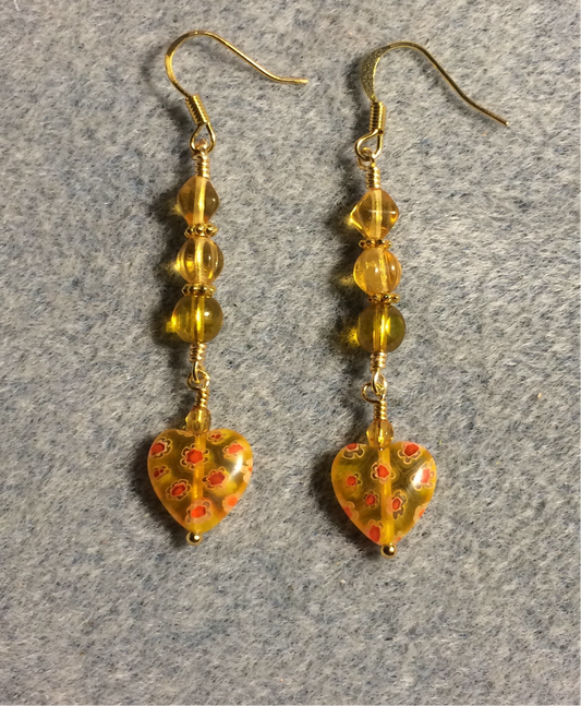 Amber millefiori Czech glass heart bead earrings adorned with amber Czech glass beads.