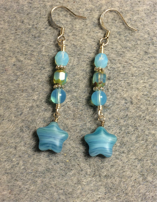 Small opaque turquoise Czech glass star bead earrings adorned with opaque turquoise Czech glass beads.