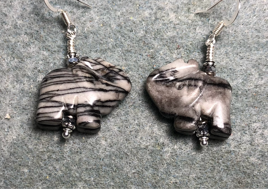 Gray zebra Jasper gemstone elephant bead earrings adorned with gray Chinese crystal beads.