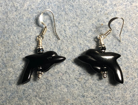 Black onyx gemstone dolphin bead earrings adorned with black Chinese crystal beads.