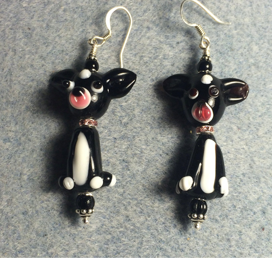 Black and white lamp work dog bead earrings adorned with pink rhinestone rondelle “collars” and black Czech glass beads.