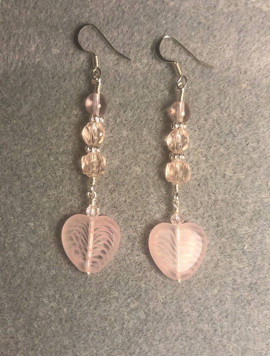 Light pink striped Czech glass heart bead earrings adorned with light pink Czech glass beads.