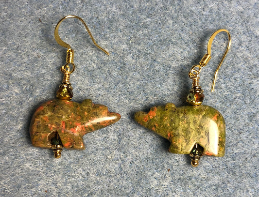 Unakite gemstone bear bead earrings adorned with sparkly green Chinese crystal beads.