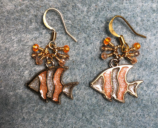 Orange and gold sparkly resin striped angelfish charm earrings adorned with small dangling orange and gold Chinese crystal beads.