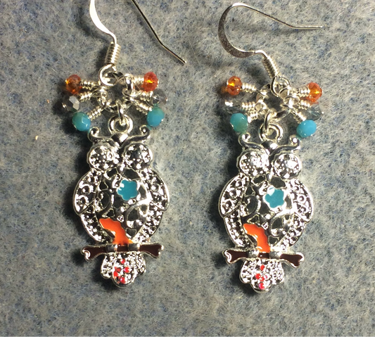 Silver, aqua, and orange enamel owl charm earrings adorned with tiny dangling aqua, silver, and orange Chinese crystal beads.