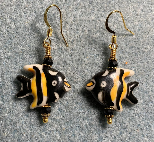 Black and orange ceramic angelfish bead earrings adorned with black Chinese crystal beads.