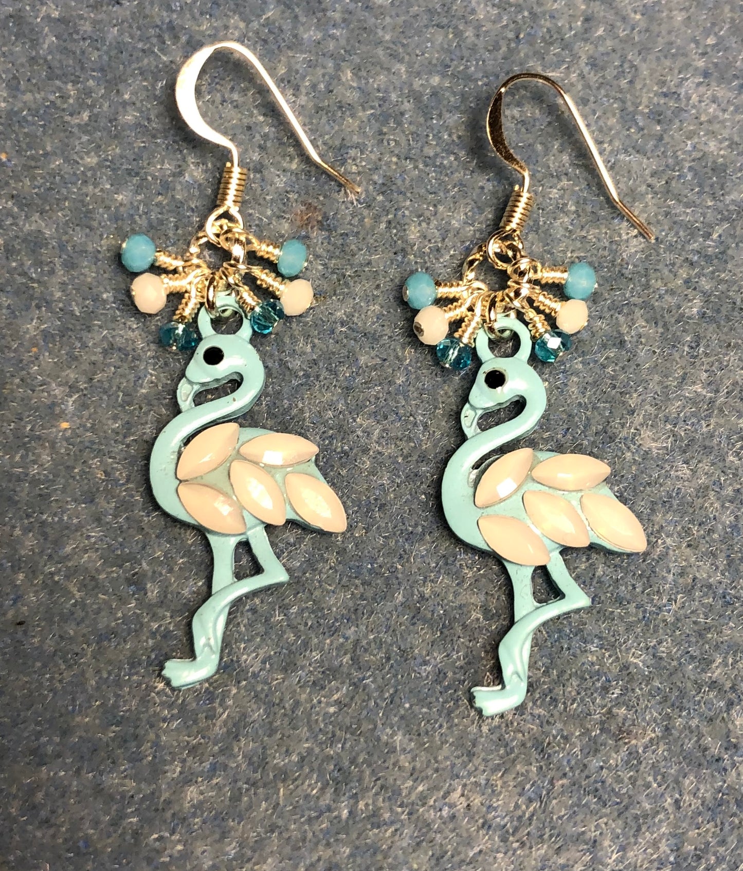 Light aqua and white acrylic and rhinestone flamingo charm earrings adorned with tiny dangling light aqua and white Chinese crystal beads.