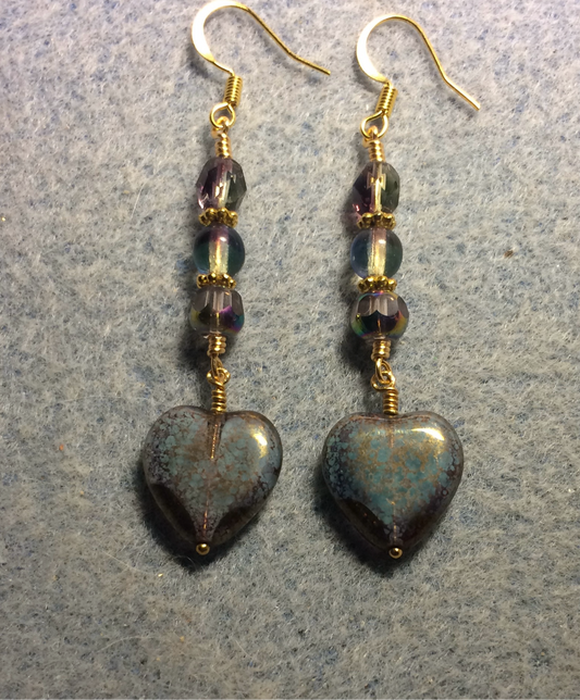 Aqua and violet Czech glass heart bead earrings adorned with aqua and violet Czech glass beads.