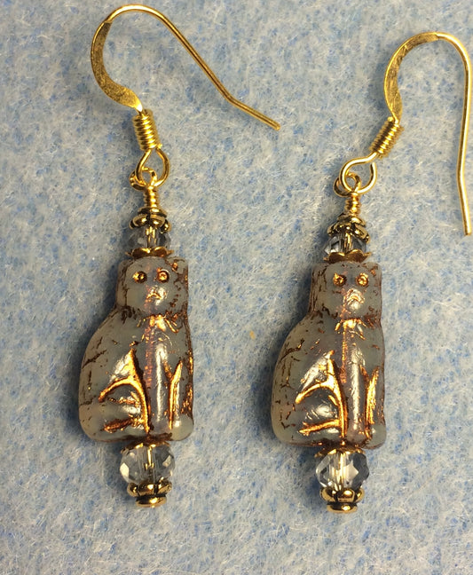Small light blue gray (with gold inlay) Czech glass cat bead earrings adorned with light blue Chinese crystal beads.