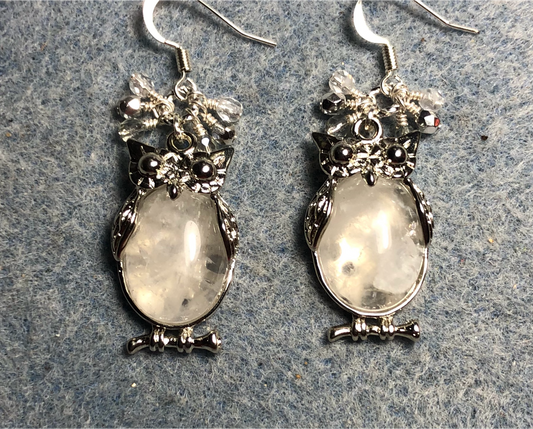 Large silver and rock crystal gemstone owl charm earrings adorned with small dangling clear and silver Czech glass beads.