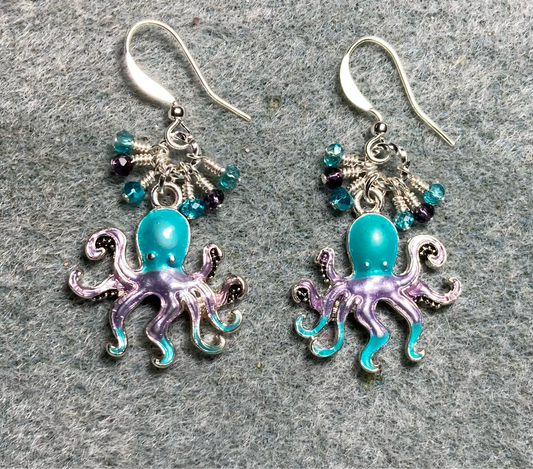 Turquoise and purple enamel octopus charm earrings adorned with tiny dangling turquoise and purple Chinese crystal beads.