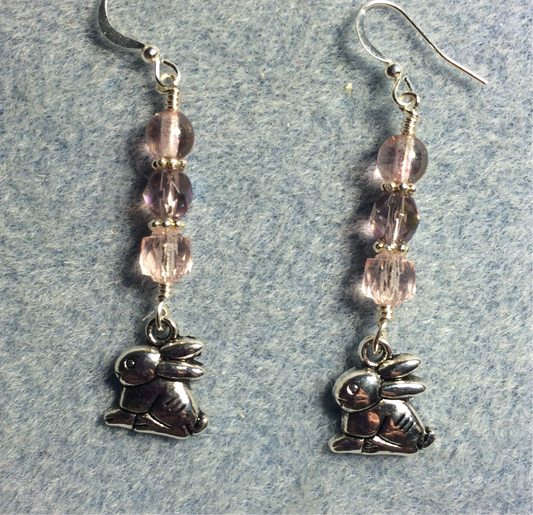 Small silver rabbit charm earrings adorned with pink Czech glass beads