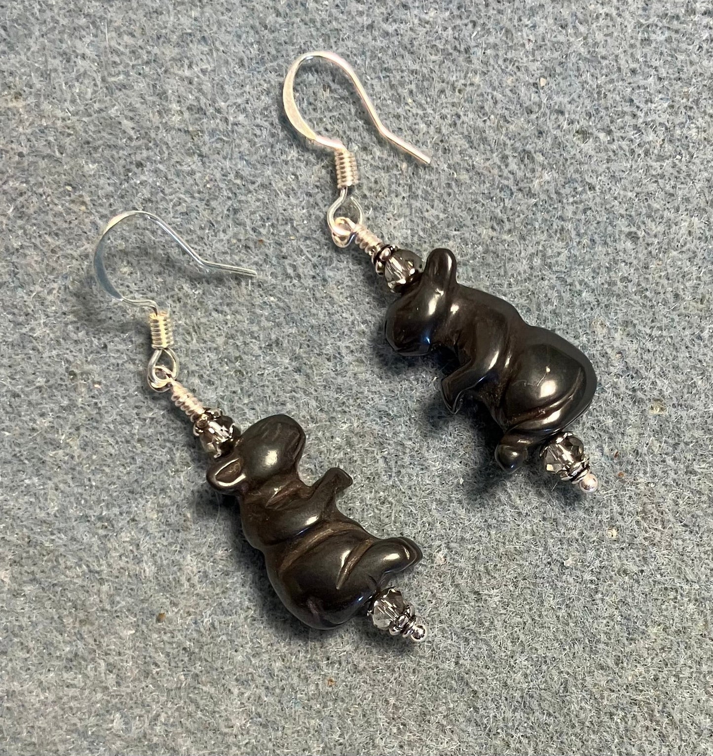 Gray hematite standing mouse bead earrings adorned with gray Chinese crystal beads.