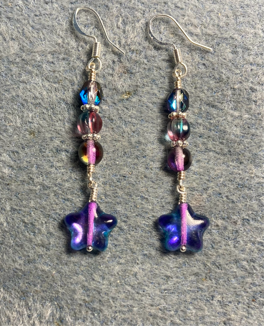 Small metallic purple Czech glass star bead earrings adorned with metallic purple Czech glass beads.