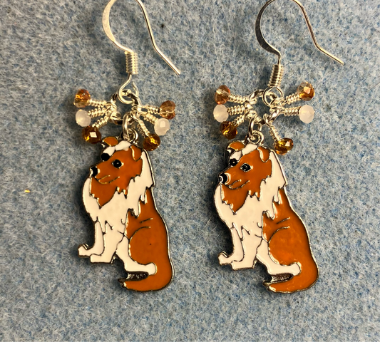White and brown enamel collie charm earrings adorned with tiny dangling white and brown Chinese crystal beads.