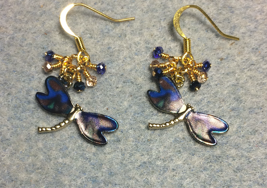 Dark blue and brown enamel dragonfly charm earrings adorned with tiny dangling dark blue and gold Chinese crystal beads.