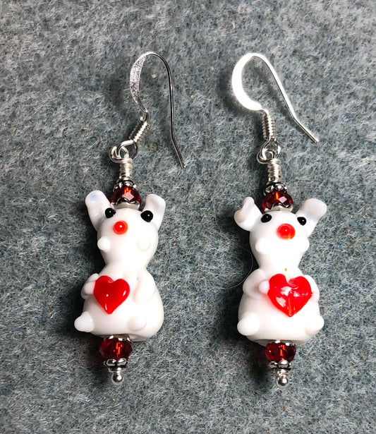 White with red hearts lamp work bunny rabbit bead earrings adorned with red Chinese crystal beads.