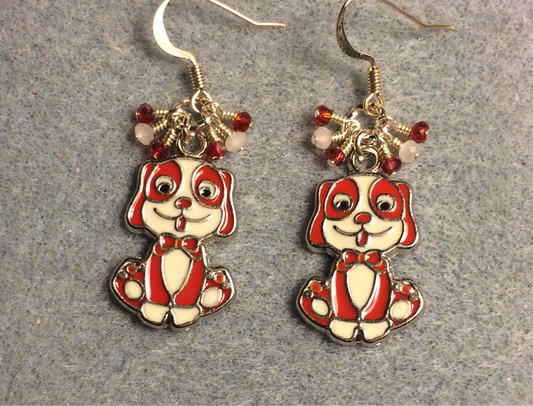 Red and white enamel silly dog charm earrings adorned with tiny dangling red and white Chinese crystal beads.