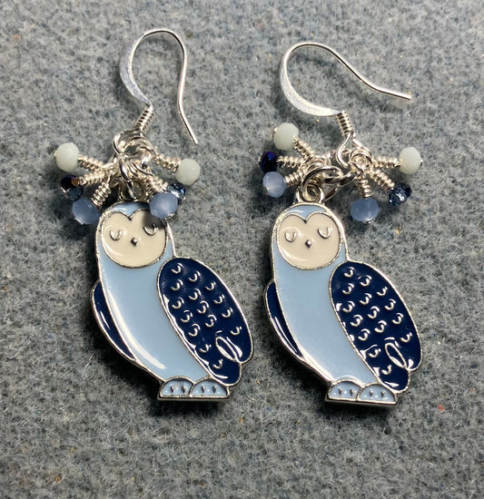Dark blue, light blue, and white enamel owl charm earrings adorned with tiny dangling dark blue, light blue, and white Chinese crystal beads.