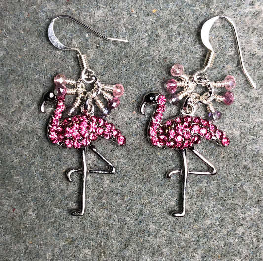 Silver and pink rhinestone flamingo charm earrings adorned with tiny dangling pink and silver Chinese crystal beads.