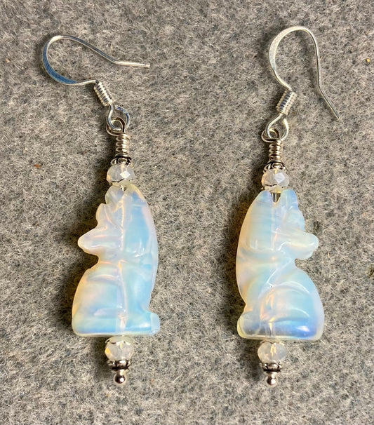 Opalite gemstone howling coyote bead earrings adorned with white Chinese crystal beads.