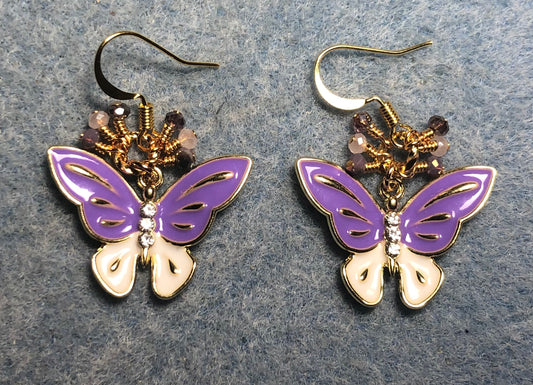 Violet and white enamel and rhinestone butterfly charm earrings adorned with tiny dangling violet and purple Chinese crystal beads.