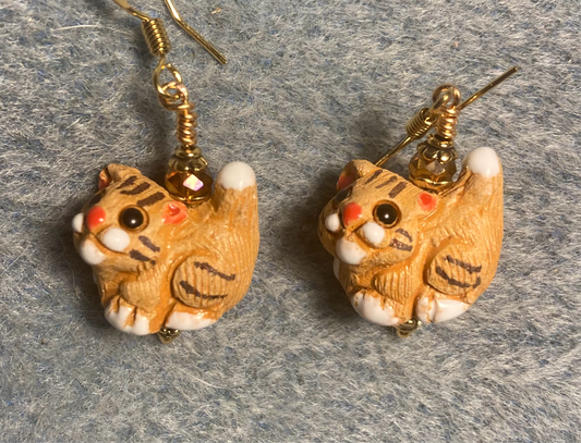 Small amber ceramic tabby cat bead earrings adorned with amber Chinese crystal beads.