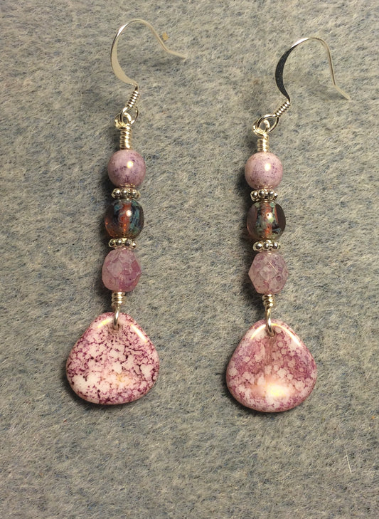 Light pink speckled Czech glass rose petal earrings adorned with pink Czech glass beads.
