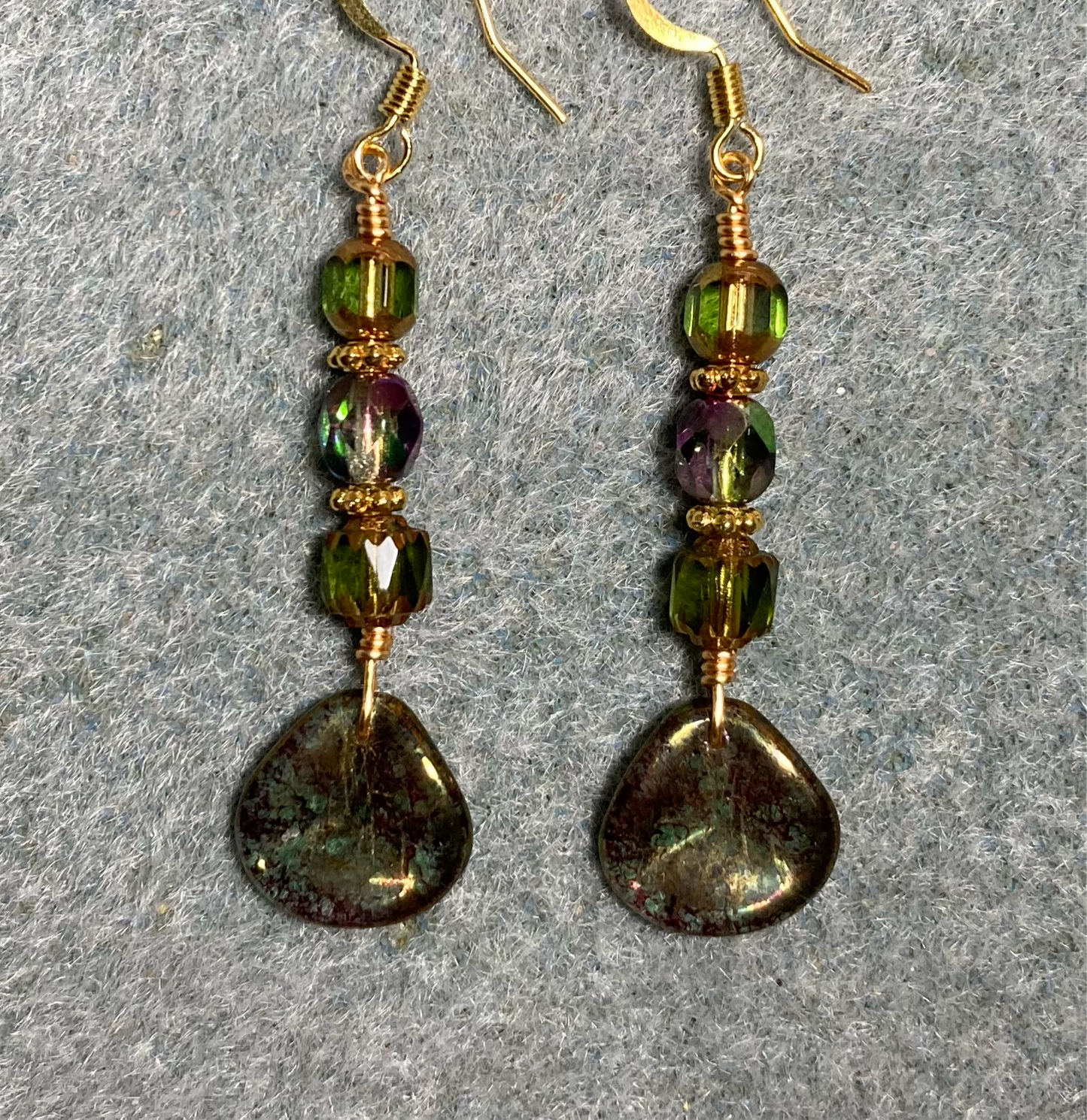 Green with purple spreckles Czech glass rose petal earrings adorned with green and purple Czech glass beads.