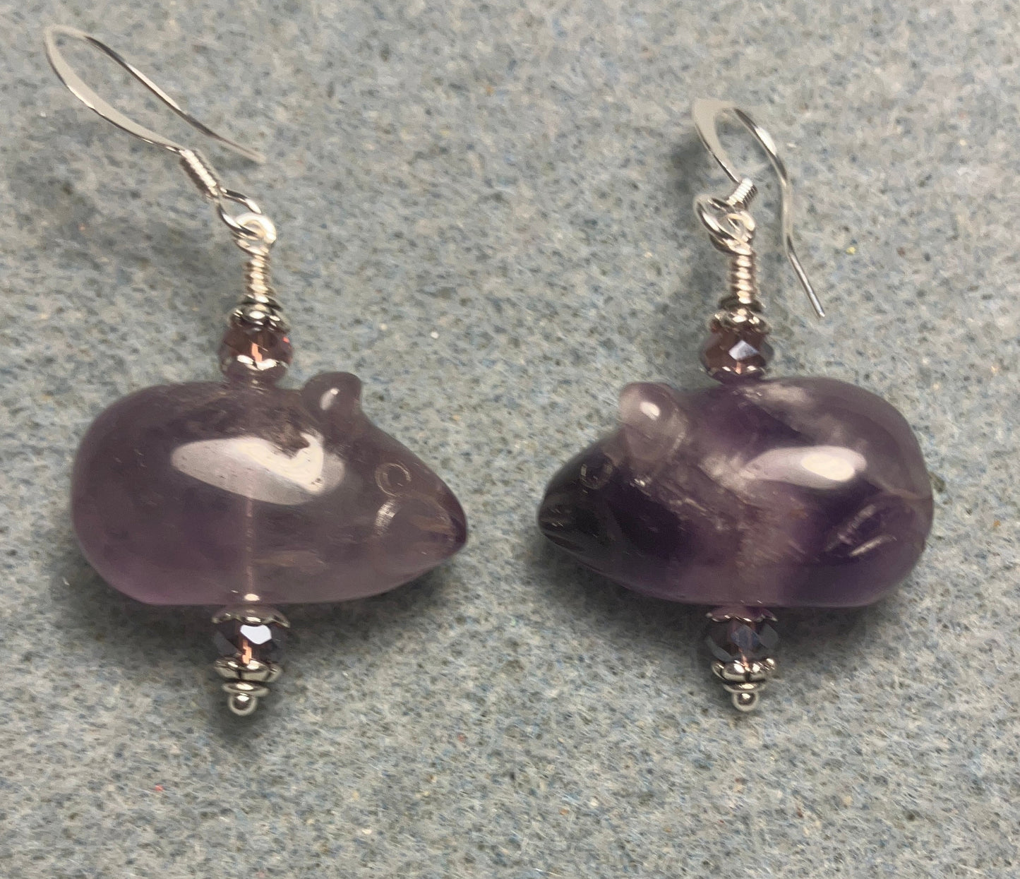 Purple amethyst gemstone mouse bead earrings adorned with purple Chinese crystal beads.