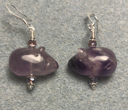 Purple amethyst gemstone mouse bead earrings adorned with purple Chinese crystal beads.