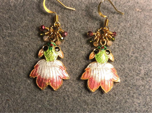 Pink, peach, and green cloisonné goldfish charm earrings adorned with tiny dangling pink, peach, and green Chinese crystal beads.