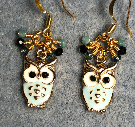 Aqua and white enamel owl charm earrings adorned with tiny dangling aqua and black Chinese crystal beads.
