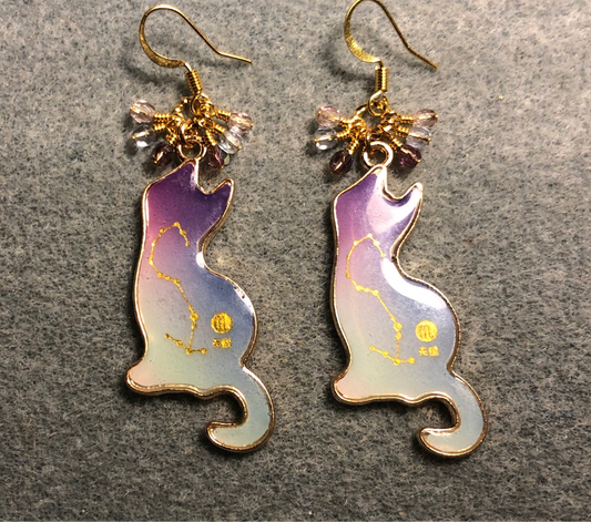 Violet, blue, and pink enamel cat charm earrings adorned with tiny dangling violet, blue, and pink Czech glass beads.