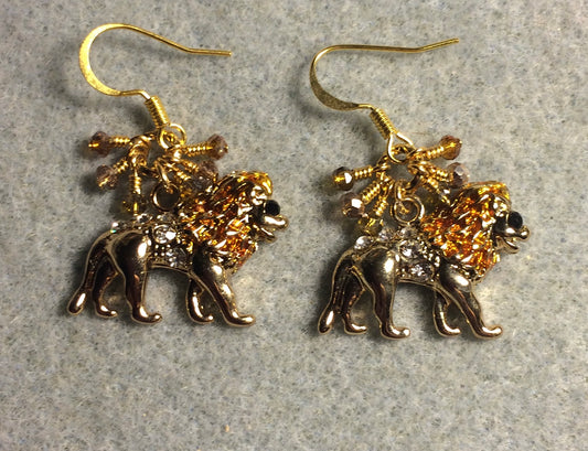 Gold and topaz enamel and rhinestone lion charm earrings adorned with tiny dangling topaz and gold Chinese crystal beads.
