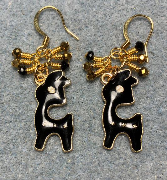 Black enamel deer charm earrings adorned with tiny dangling black and gold Chinese crystal beads.