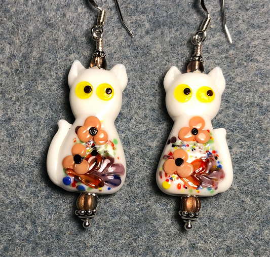 White, tan, and yellow lamp work cat bead earrings adorned with tan Czech glass beads.