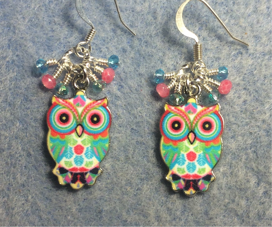 Aqua, pink, and turquoise enamel owl charm earrings adorned with tiny dangling aqua, pink, and turquoise Chinese crystal beads.
