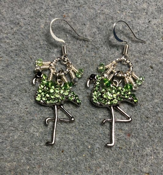 Silver and light green rhinestone flamingo charm earrings adorned with tiny dangling light green and silver Chinese crystal beads.