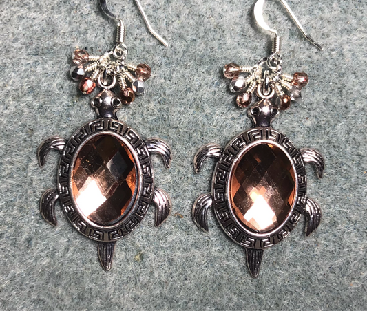 Large silver and rose rhinestone turtle charm earrings adorned with small dangling rose and silver Czech glass beads.