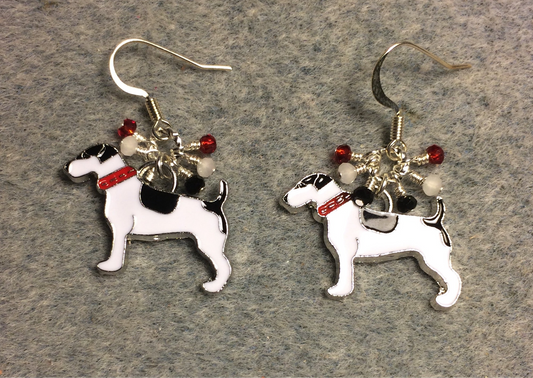White and black enamel hound dog charm earrings adorned with tiny dangling black, white, and red Chinese crystal beads.
