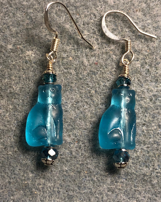 Small translucent turquoise Czech glass cat bead earrings adorned with turquoise Chinese crystal beads.