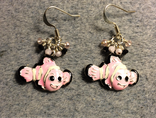 Pink, black, and white enamel striped fish charm earrings adorned with tiny dangling pink and black Chinese crystal beads.