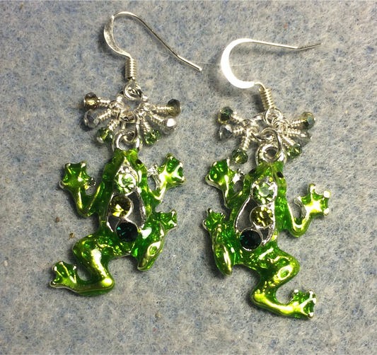 Green enamel and rhinestone frog charm earrings adorned with tiny dangling green and silver Chinese crystal beads.