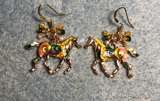 Peach, green, and amber enamel horse charm earrings adorned with tiny dangling peach, green, and amber Chinese crystal beads.