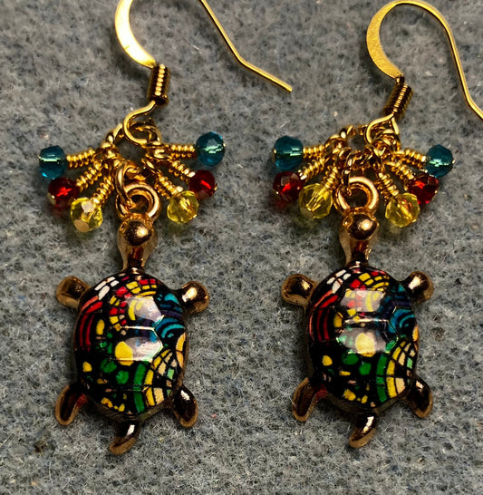 Turquoise, red, and yellow enamel turtle charm earrings adorned with tiny dangling turquoise, red, and yellow Chinese crystal beads.